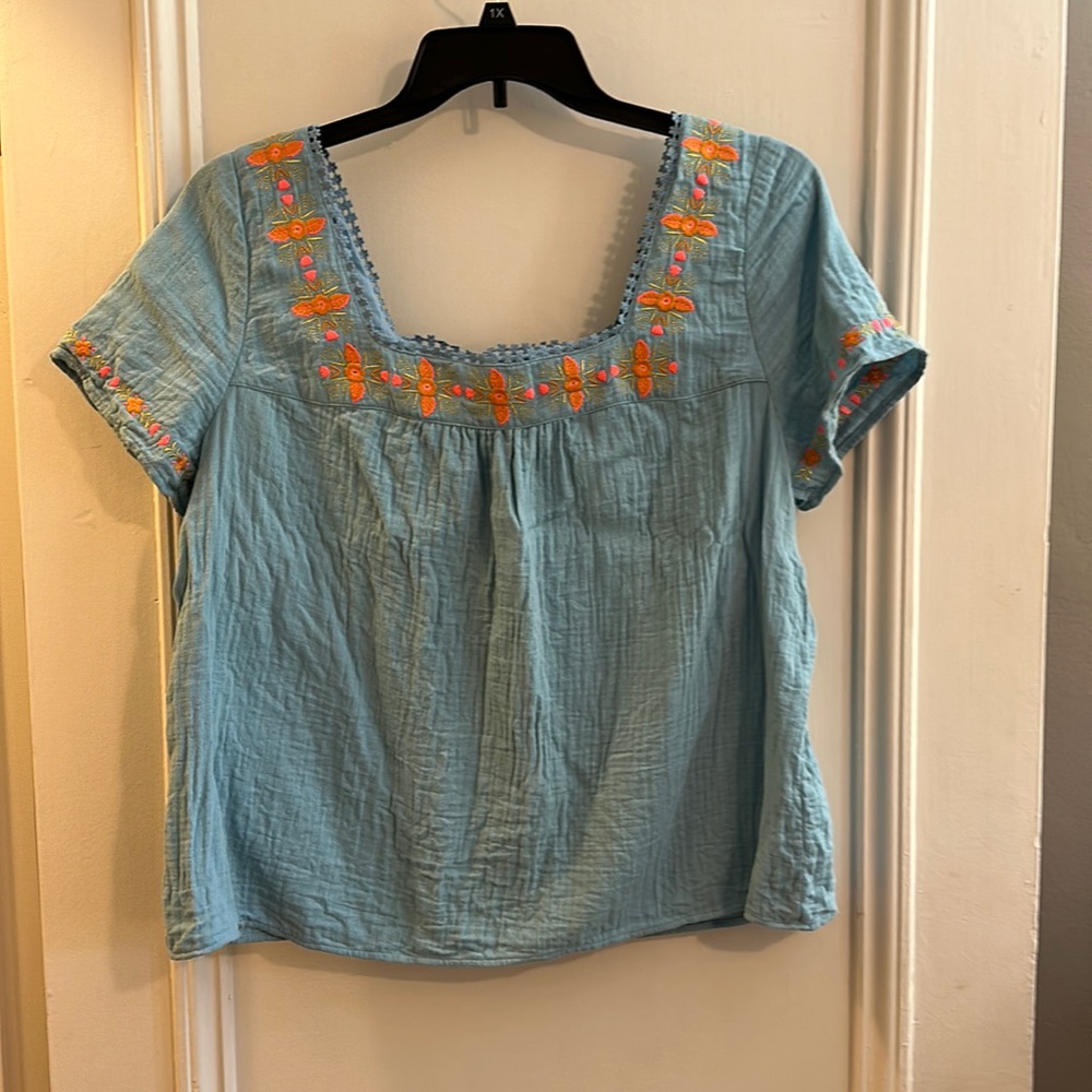 Boden Square Neck Gauze Embroidered Blouse